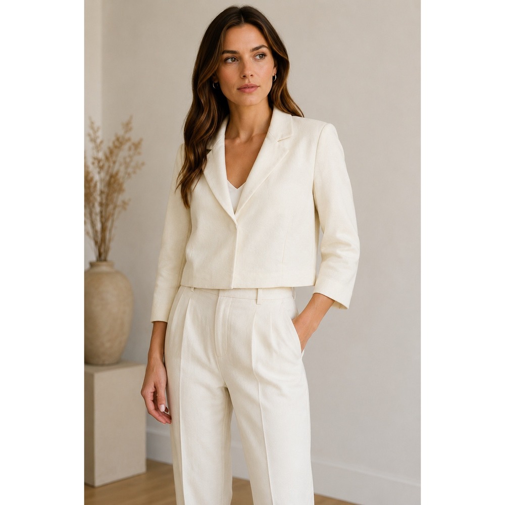 Theory Cropped Blazer Womens Large Off-White Cotton Pique 3/4 Sleeve